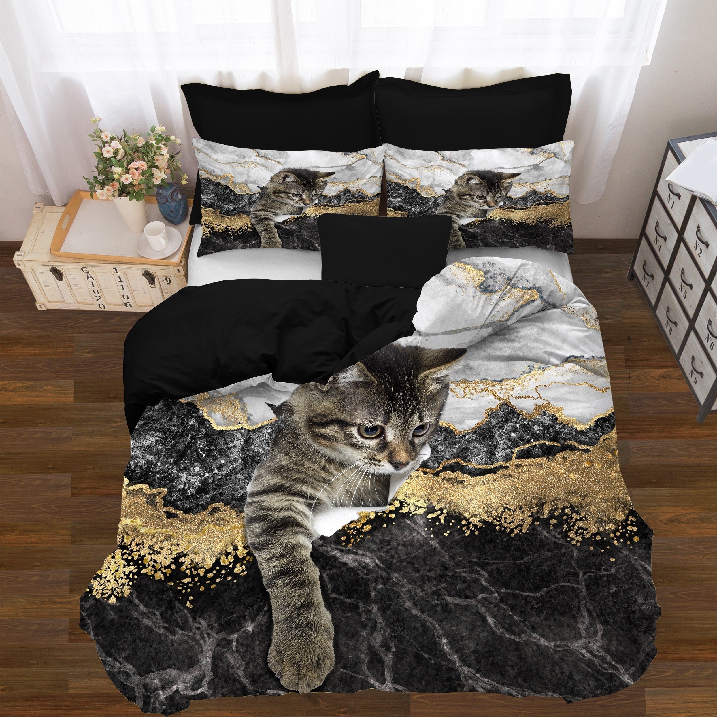 Cat Duvet Cover Set with Pet Cat Pattern and Cute Kitten Print for Kids Teens Bedding