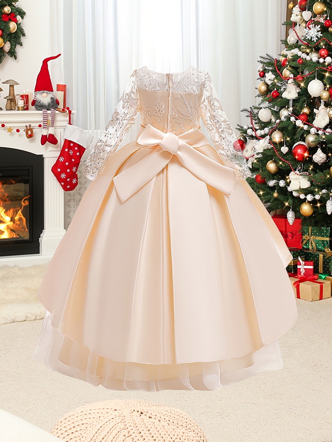 Girls Long Sleeve Tulle Wedding Dress with Bow Crew Neck Fit and Flare All-Season Costume