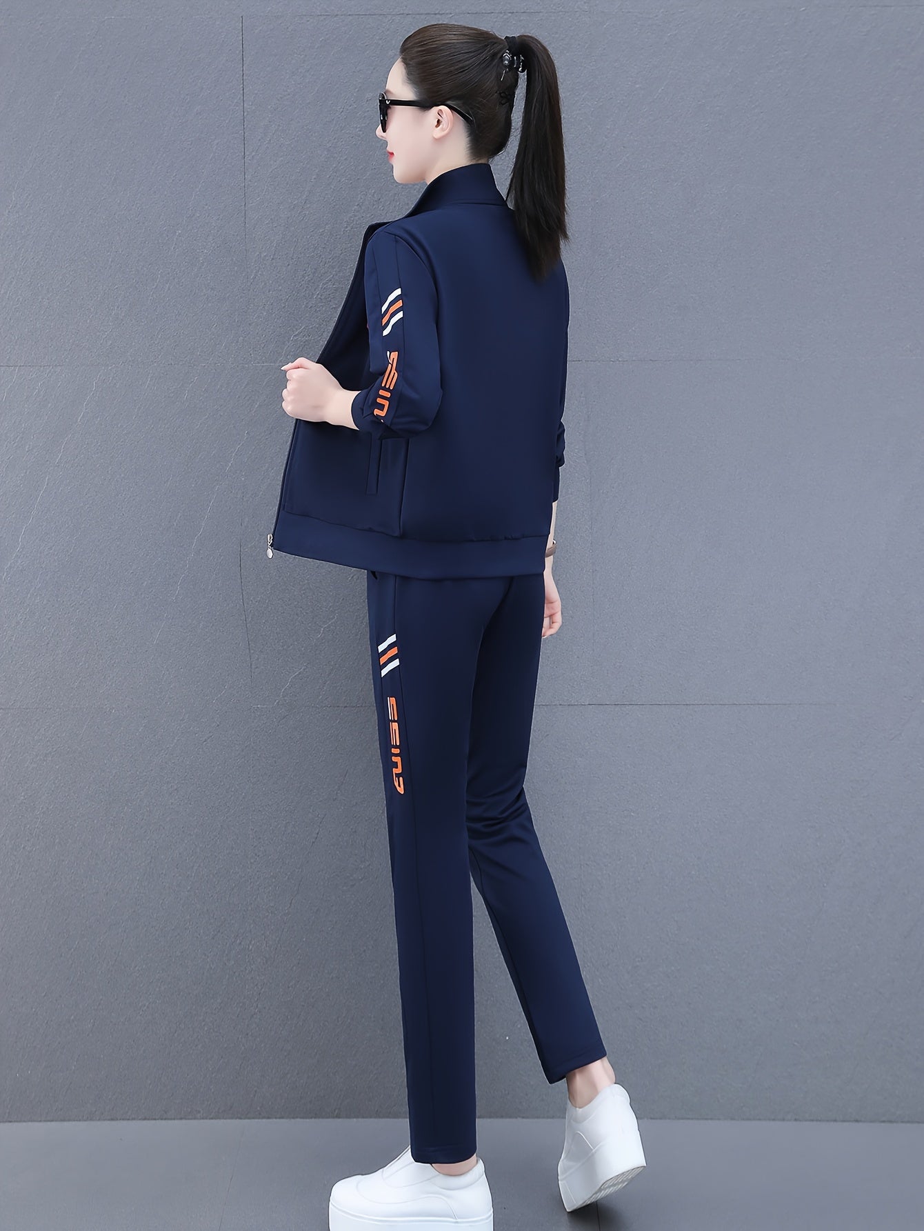 Костюм для женщин большого размера на осень, спортивный, повседневный, из хлопка и спандекса, вязаный, с молнией, стойка-воротник