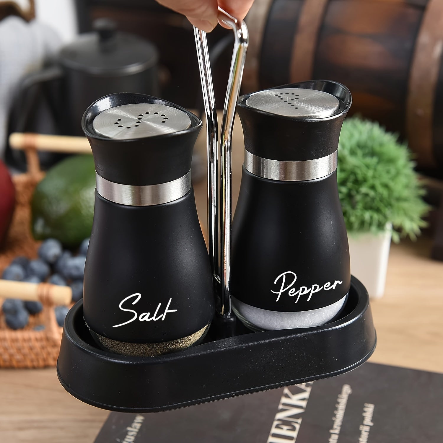 Set of 2 Glass Salt and Pepper Shakers with Holder, 4 oz Refillable Stainless Steel Lids