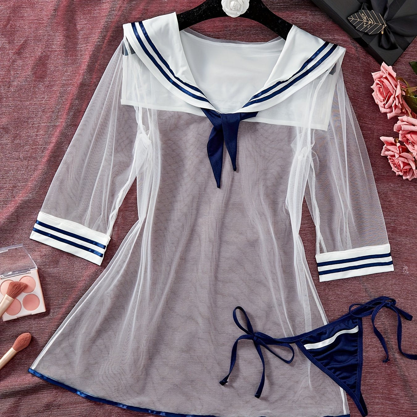 Sexy Preppy Sailor Cosplay Costume Sheer Mesh Dress with Thong