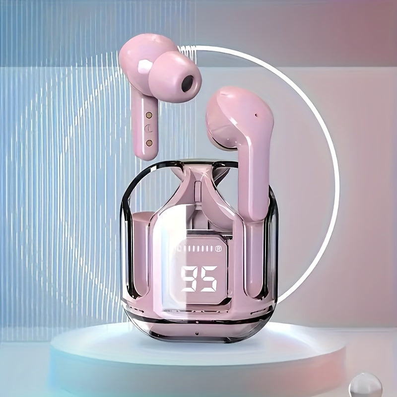 Transparent TWS Wireless Earbuds with LED Power Display, Volume Control, Condenser Mic, Type-C Rechargeable Battery