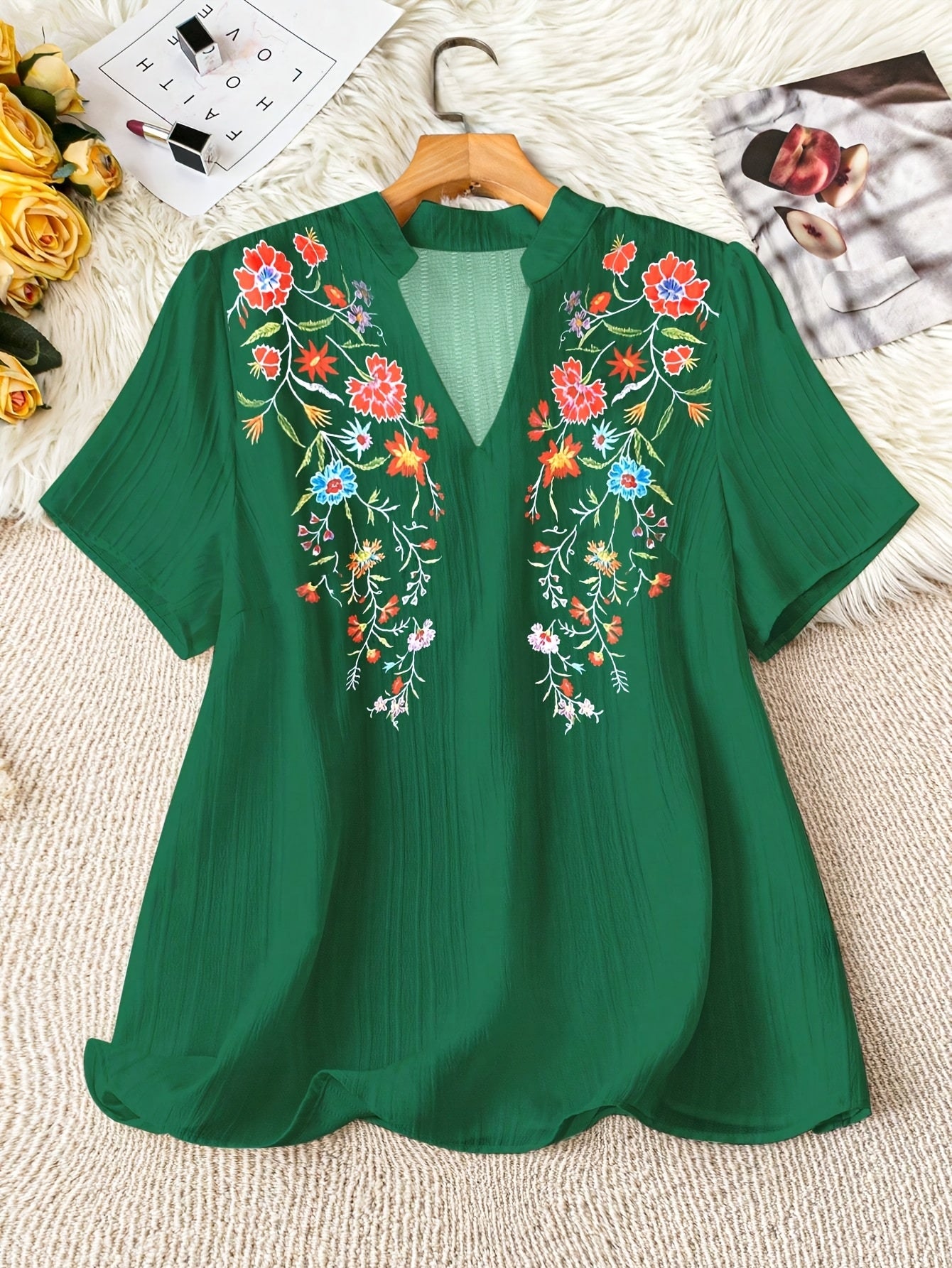 Plus Size Women's Floral Print V-Neck Short Sleeve Blouse Casual Summer White Top