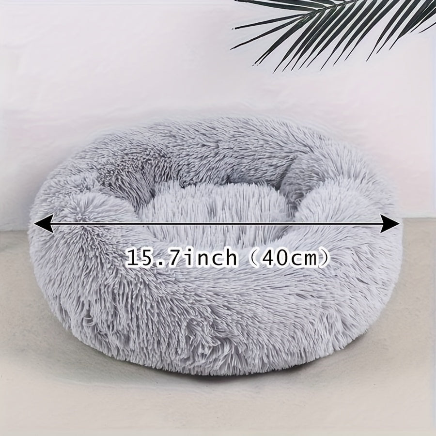 Round Plush Cat Bed for Small Dogs Non-Slip Bottom Warm Fill Striped Design