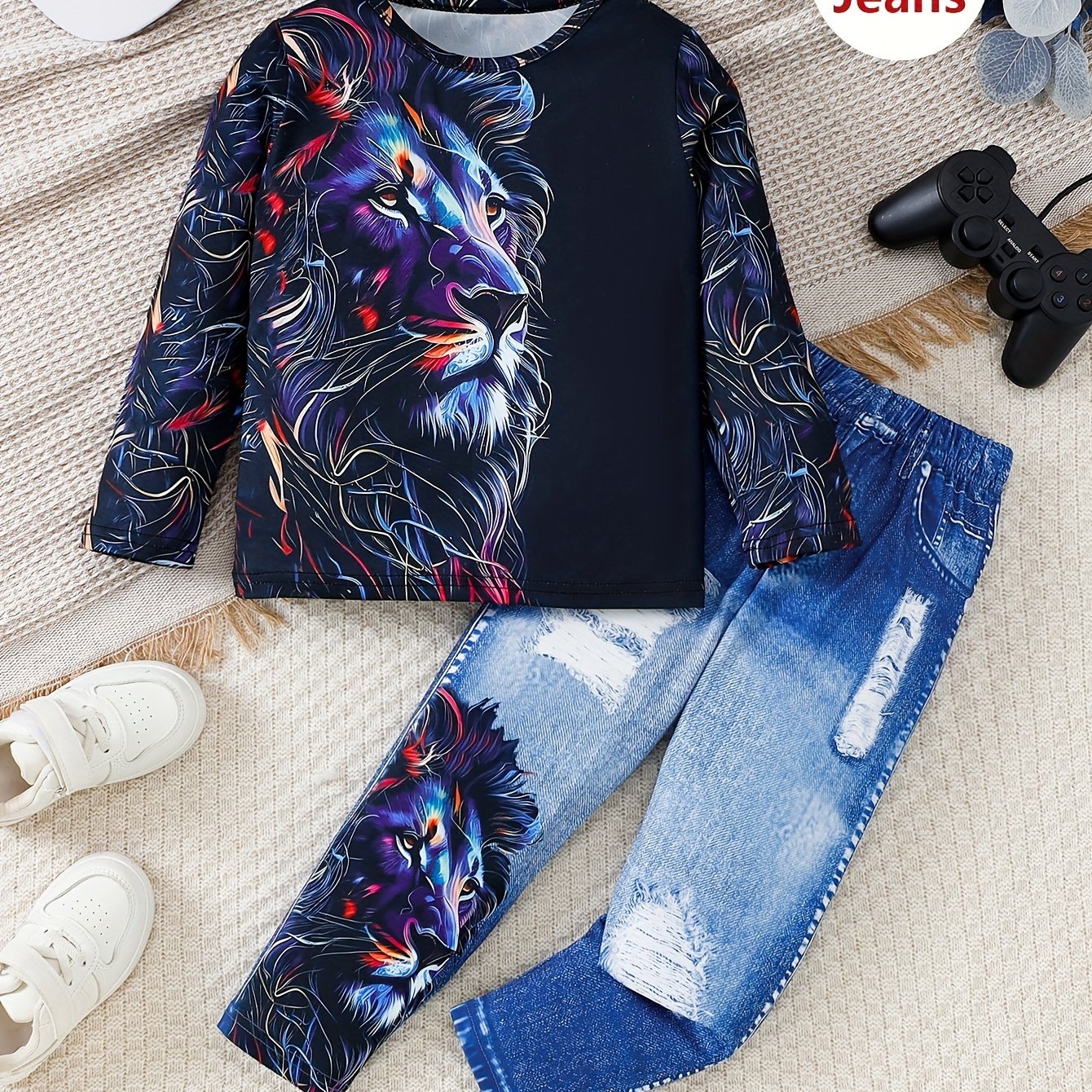 Boys' Lion Print Long Sleeve Top and Faux Denim Pants Set Fall Winter Casual Stretch Fabric