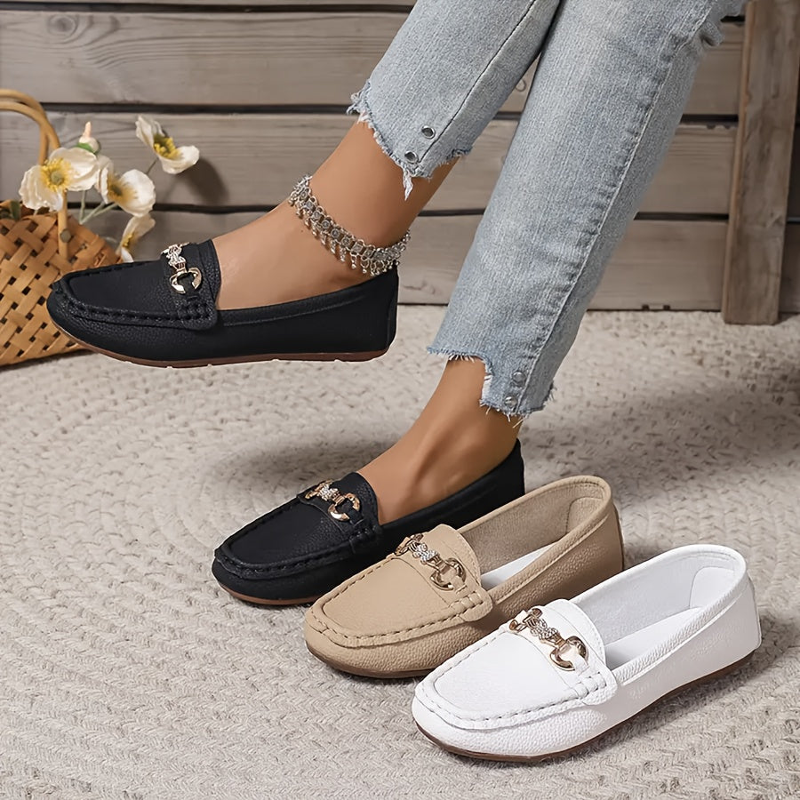 Women's Faux Leather Slip-On Ballet Flats with Metallic Chain Accents Black Beige White