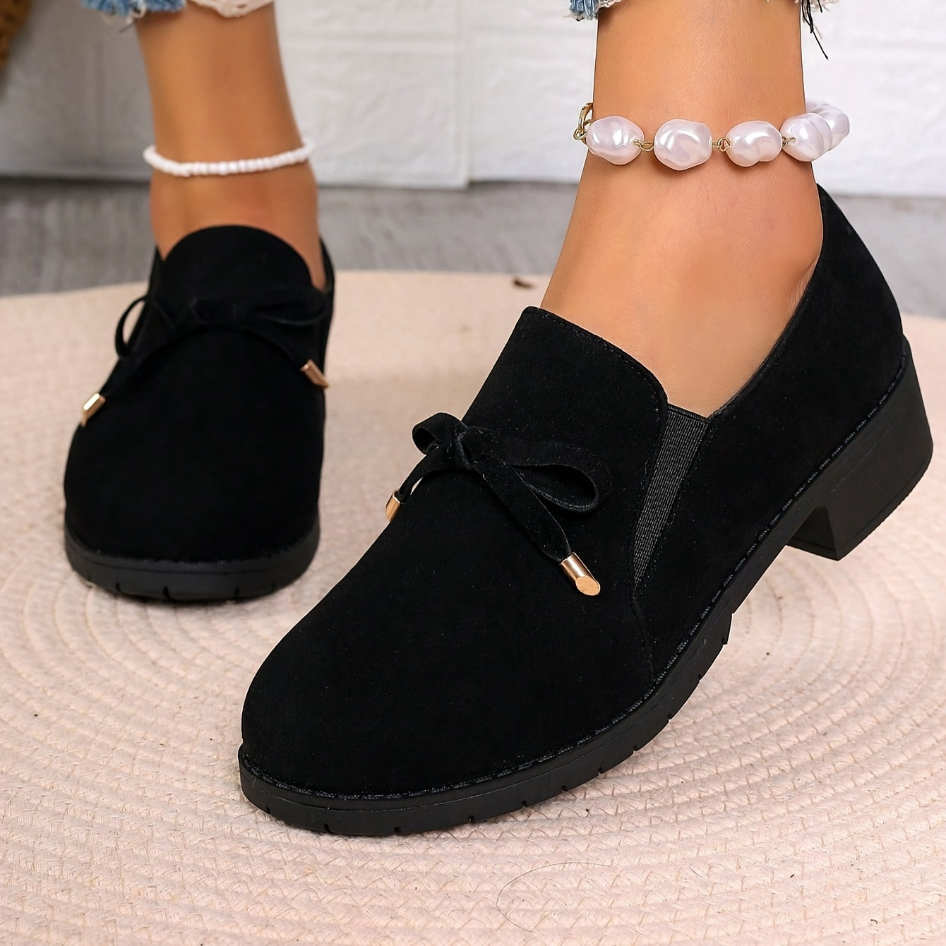Women’s Black Fabric Bowknot Loafers Slip-On Casual Shoes All-Season