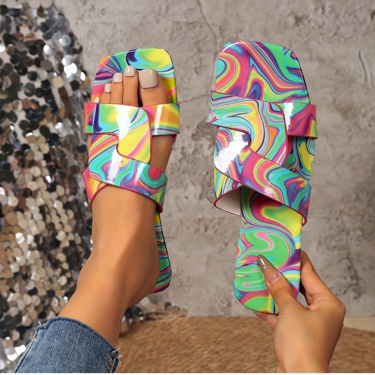 Women's Two-Tone Ankle Strap Slide Sandals Open-Toe Summer Shoes