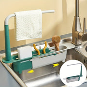 Organizador de fregadero de cocina de plástico con cesta de drenaje ajustable y soporte para paños