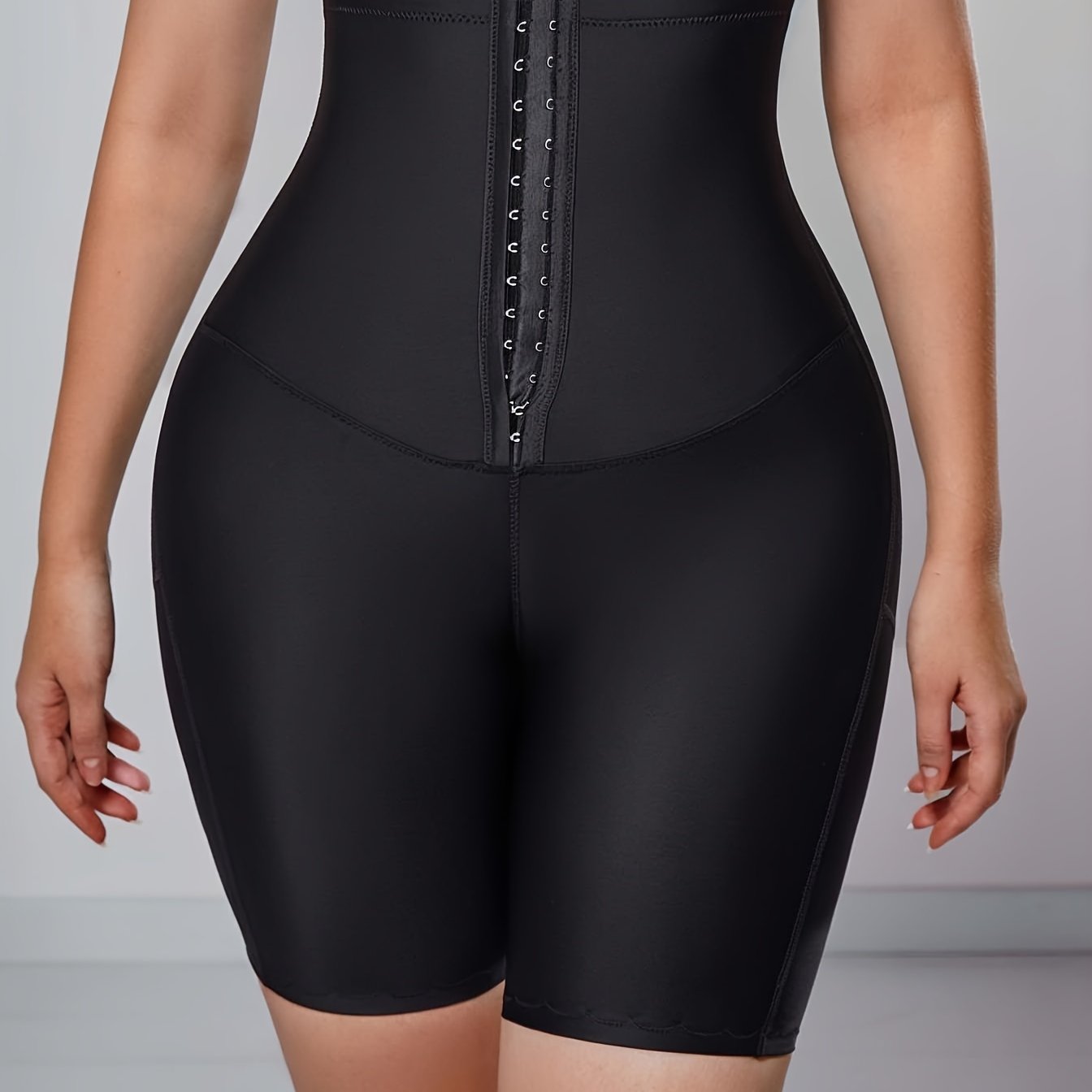 High Waist Compression Shorts with Front Buckle Tummy Control Solid Color Shapewear