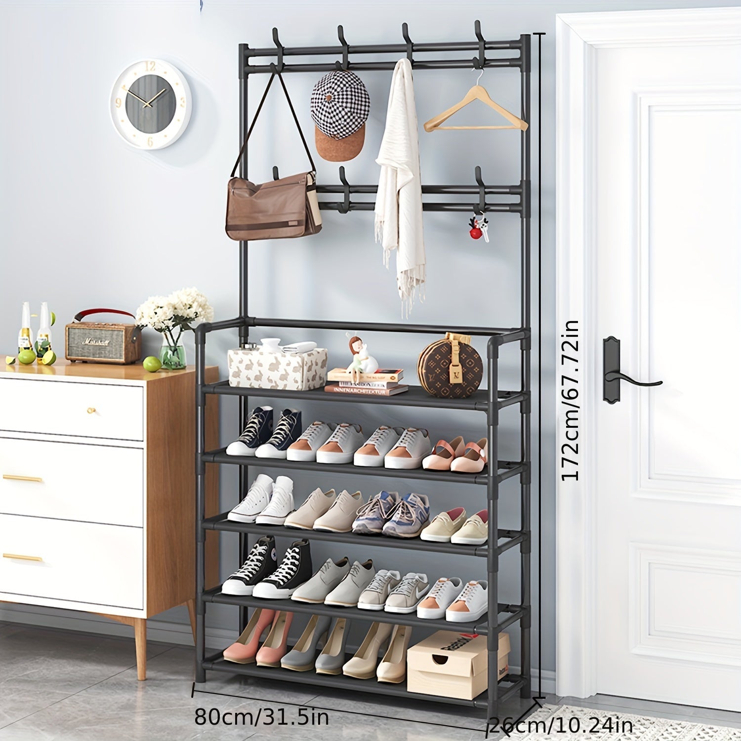 Stainless Steel 4-Tier Coat and Shoe Rack with 8 Hooks for Entryway Living Room Bedroom Office Black or White