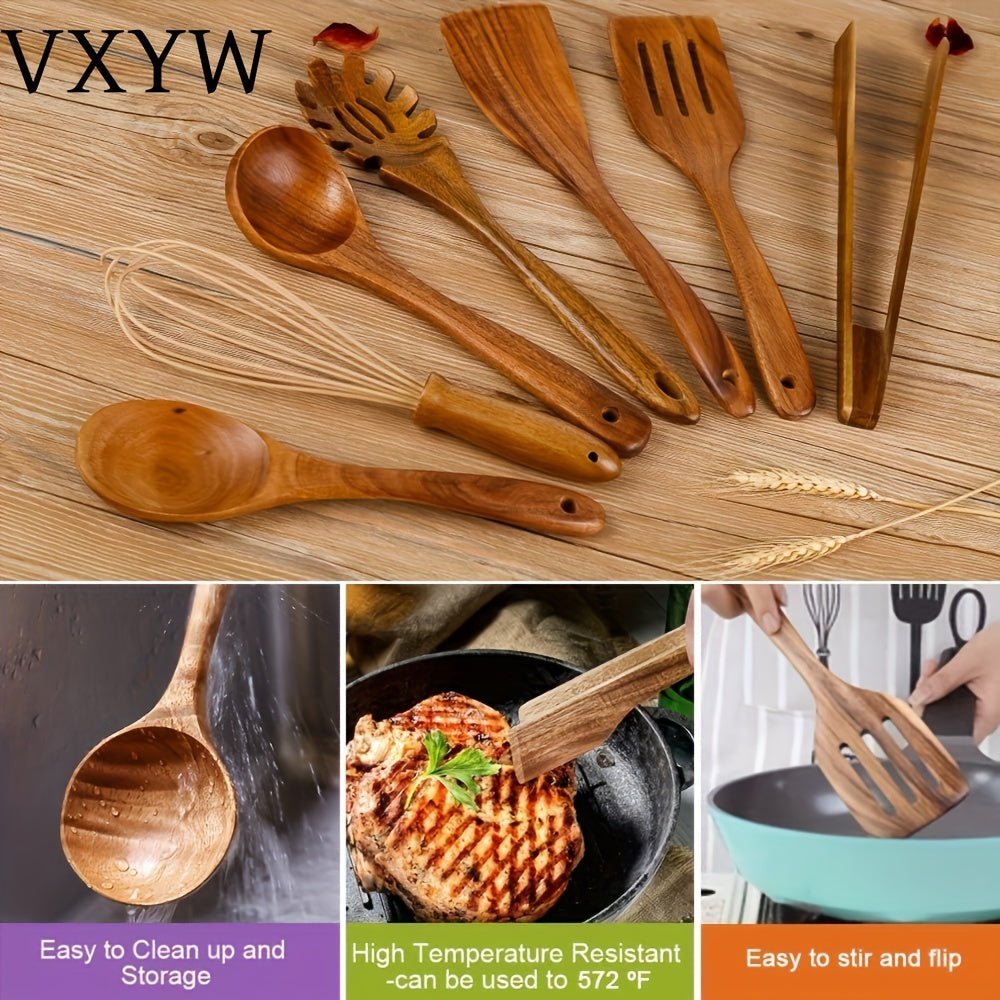 Set of 7 Wooden Cooking Utensils Non-Stick Safe Kitchen Gadgets and Accessories