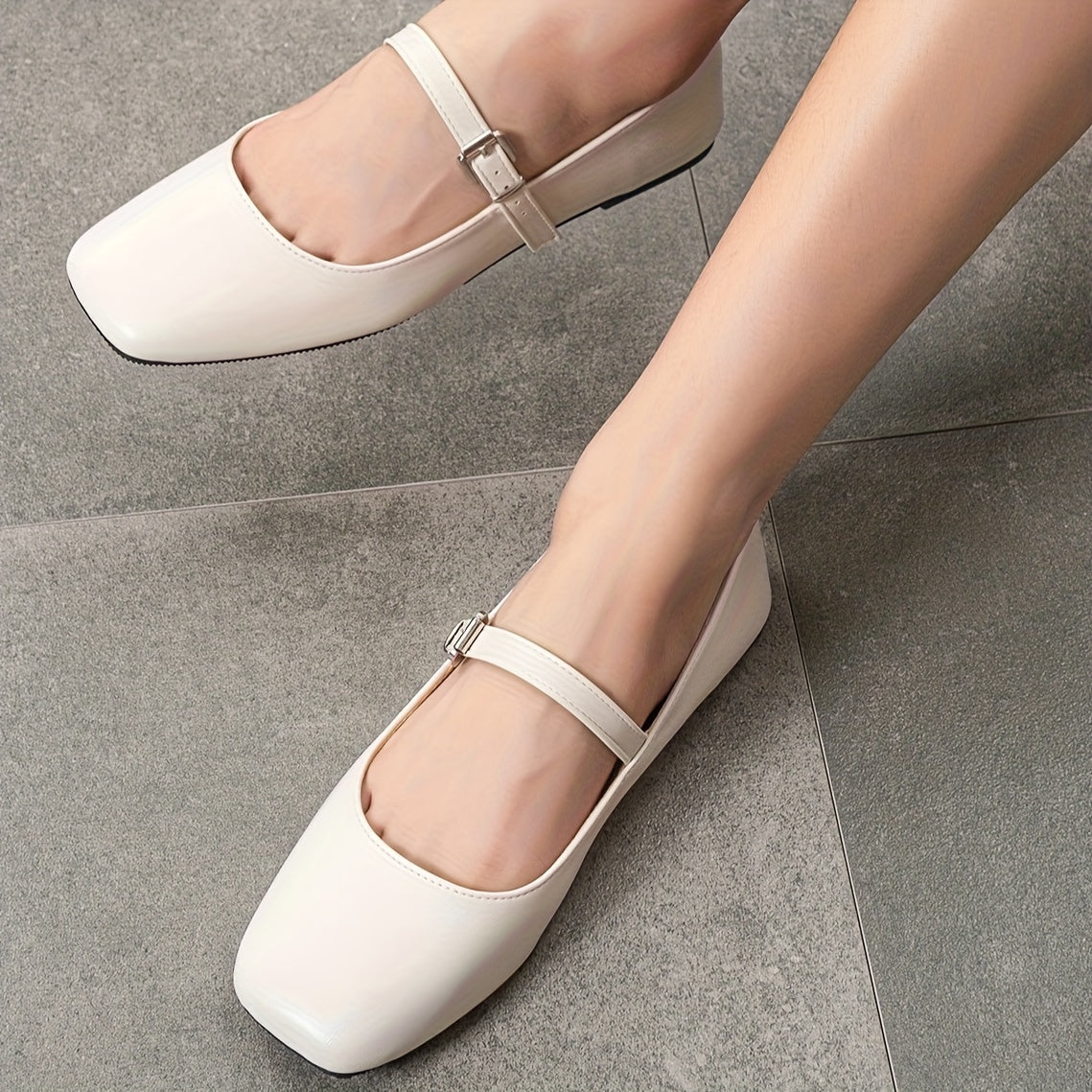 Women's Square Toe Mary Jane Flats Slip-On Shoes with Buckle White Black Red