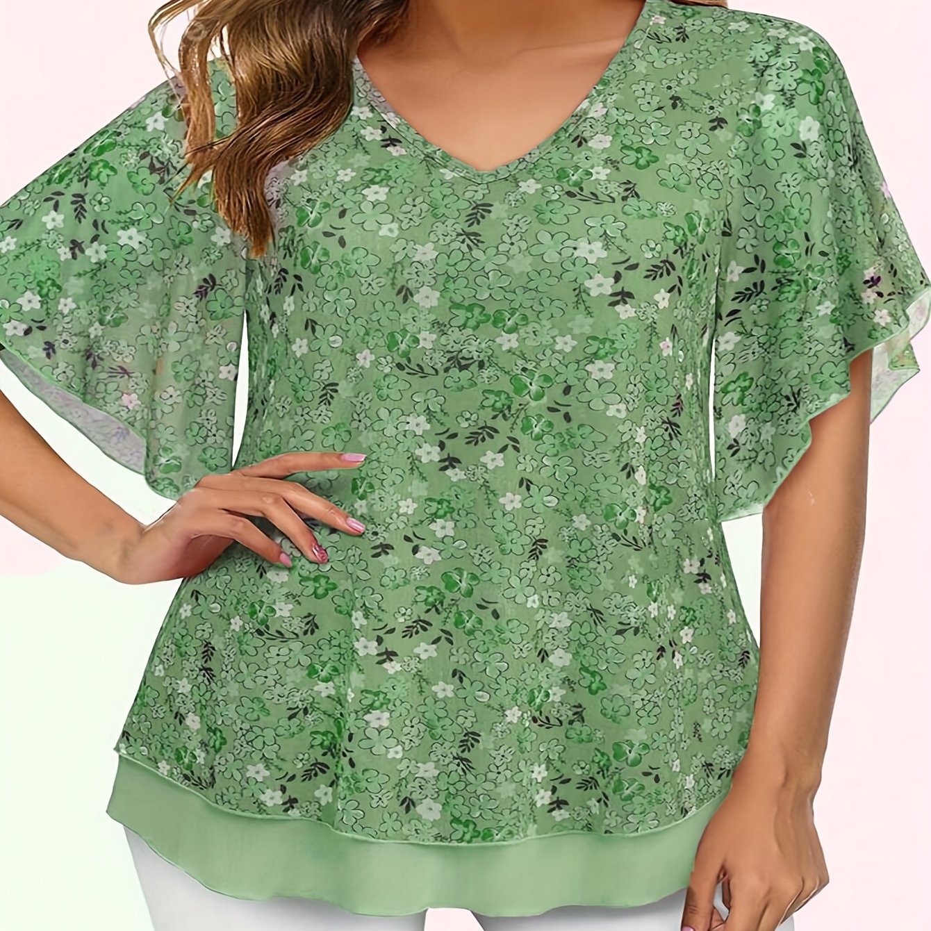 Plus-Size Floral Mesh V-Neck Shirt for Curvy Women Flutter Sleeves
