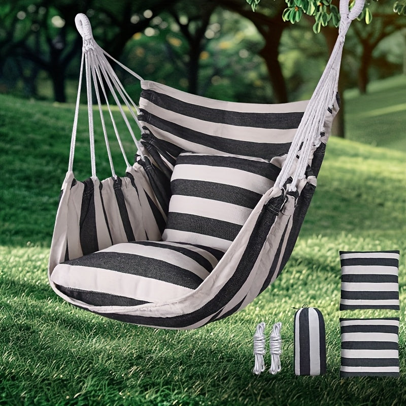 2 Outdoor Hammocks with Striped Pillows Portable Foldable for Camping and Relaxation