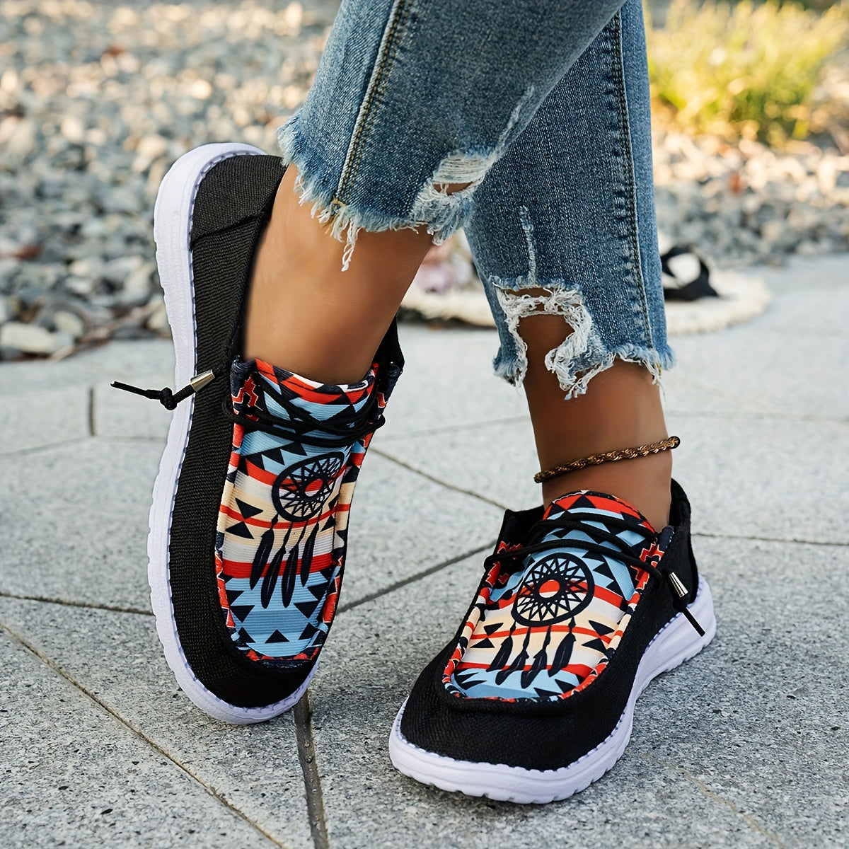 Women's Black Breathable Slip-On Flat Sneakers with Elastic Straps