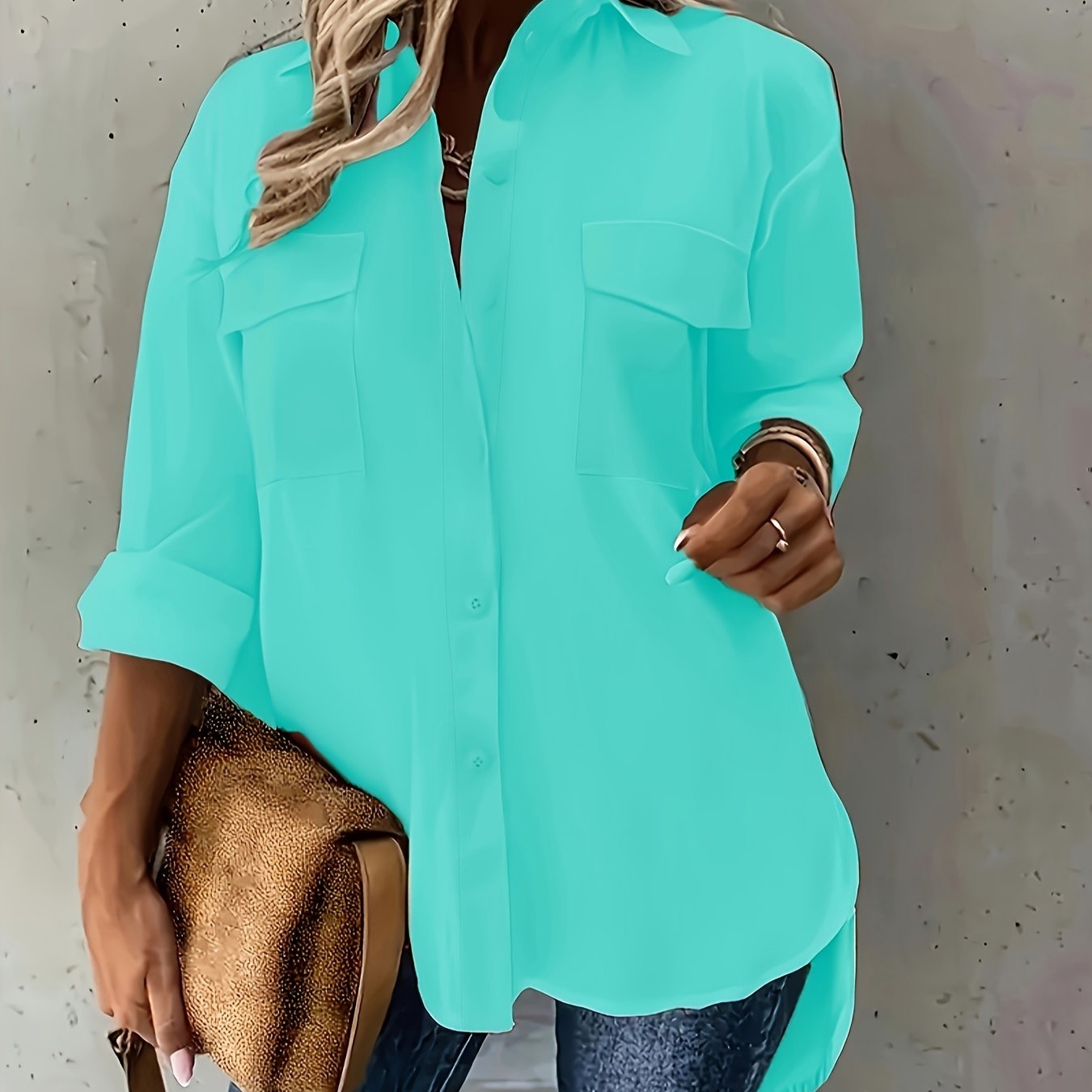 Plus Size Women's Casual Polyester Button Front Shirt with Flap Pockets for Spring