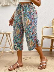 Women's Plus Size Boho Paisley Print Capri Pants with High Waist Lightweight Polyester Summer Beach