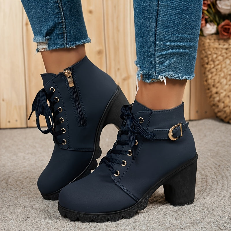 Women's Pointed Toe Mary Jane Boots Thick Platform High Heel Lace-Up Zipper Sneakers
