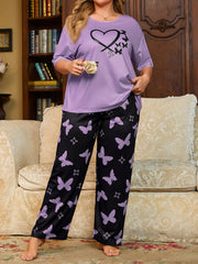 Plus Size Women's Cotton Purple Heart Butterfly Pajama Set