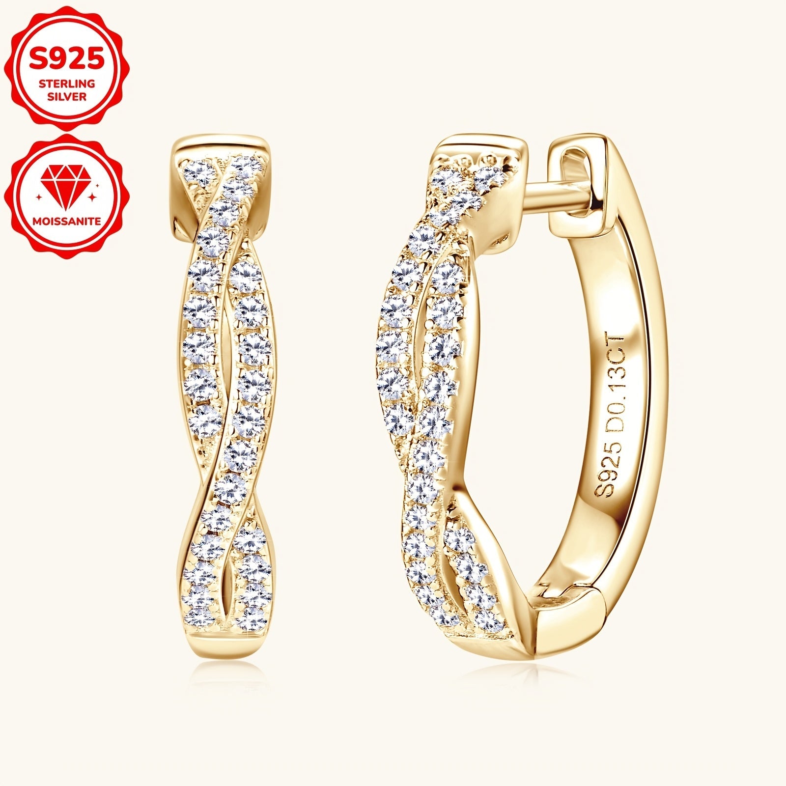 Women's Silver Hoop Earrings with Moissanite Stones 3.29g 52pcs 0.13ct Twist Design