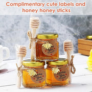 Honey Jar Set with Wooden Dipsticks Hexagonal Glass Containers Gold Lids Bee Accents for Weddings and Party Favors