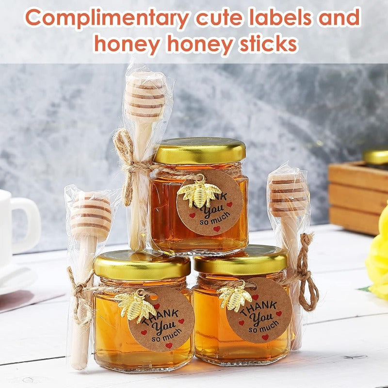 Honey Jar Set with Wooden Dipsticks Hexagonal Glass Containers Gold Lids Bee Accents for Weddings and Party Favors
