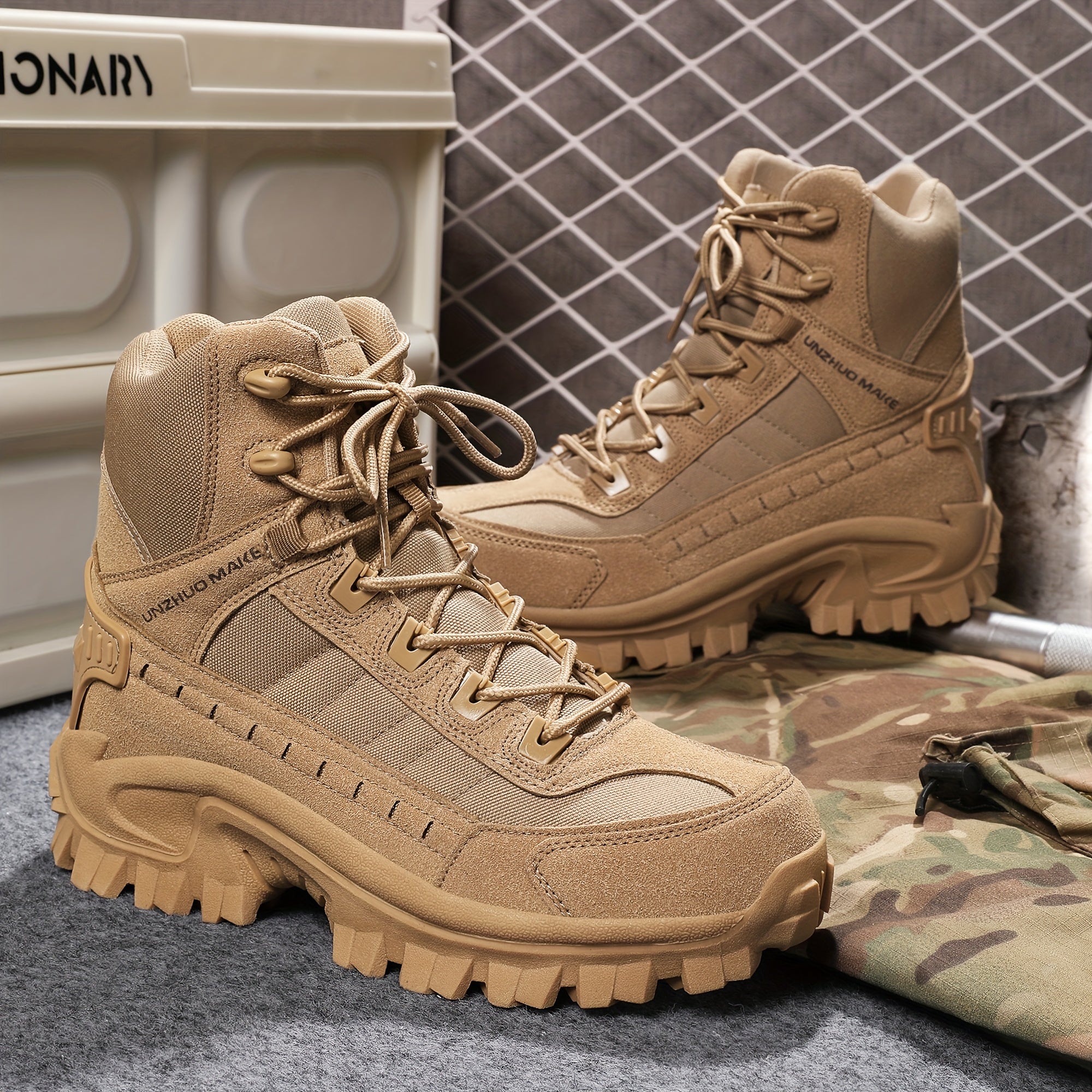 Men's Hiking Shoes Beige Non-Slip Wear-Resistant Mid-Calf Outdoor Trekking Footwear