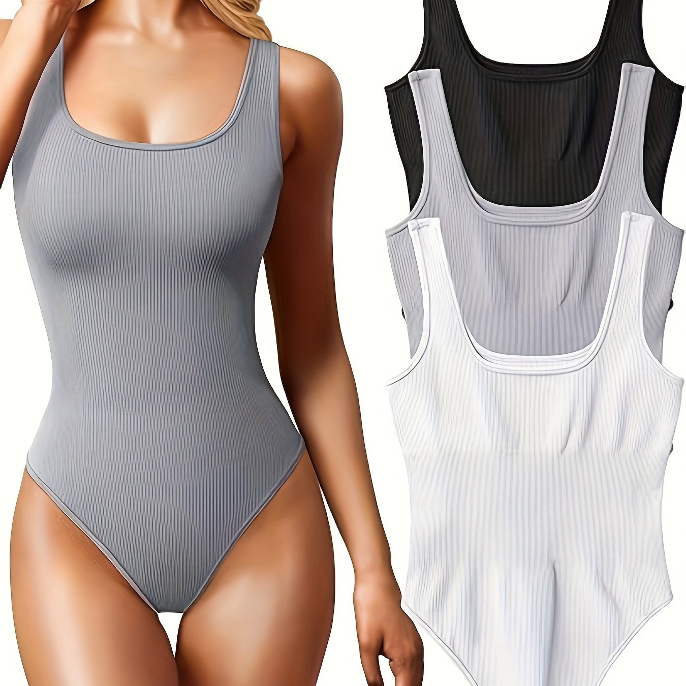 Women's Ribbed Sleeveless Jumpsuit with Square Neck and High Stretch Fabric