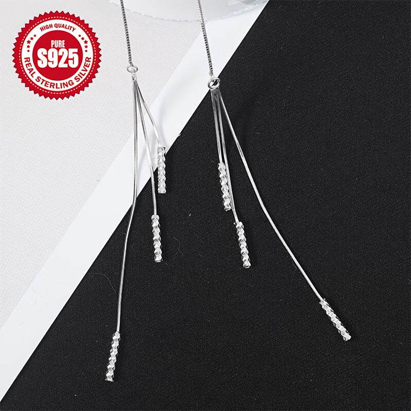 925 Silver Ear Line with Low Allergy Tassel Design and Chain Angular Texture Earrings
