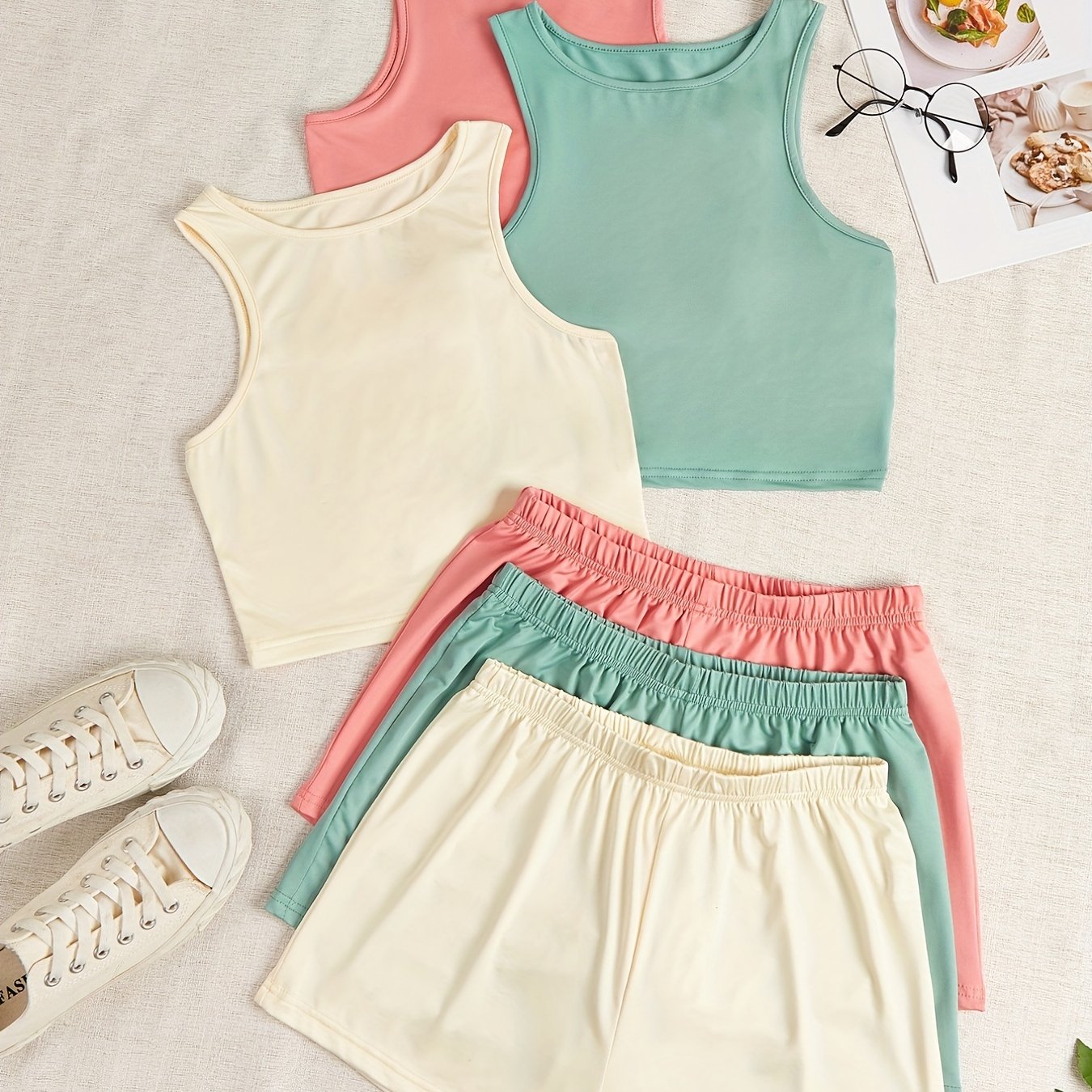 Plus Size Women's Pajama Set Solid Crop Tank Top Elastic Shorts Loungewear