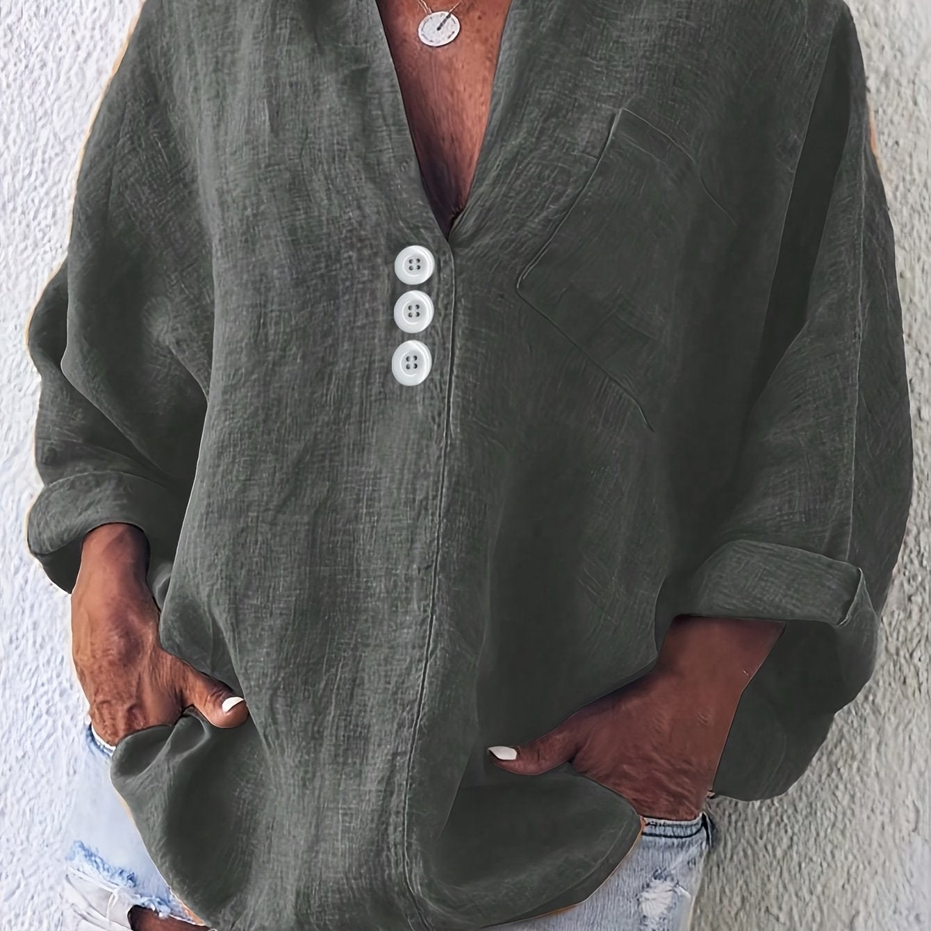 Solid Polyester V-Neck Loose Fit Blouse for Spring and Fall