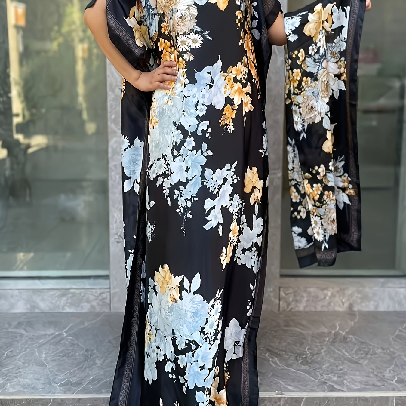 Women's Plus Size Floral Print Tunic Dress with Scarf Polyester Long Sleeve