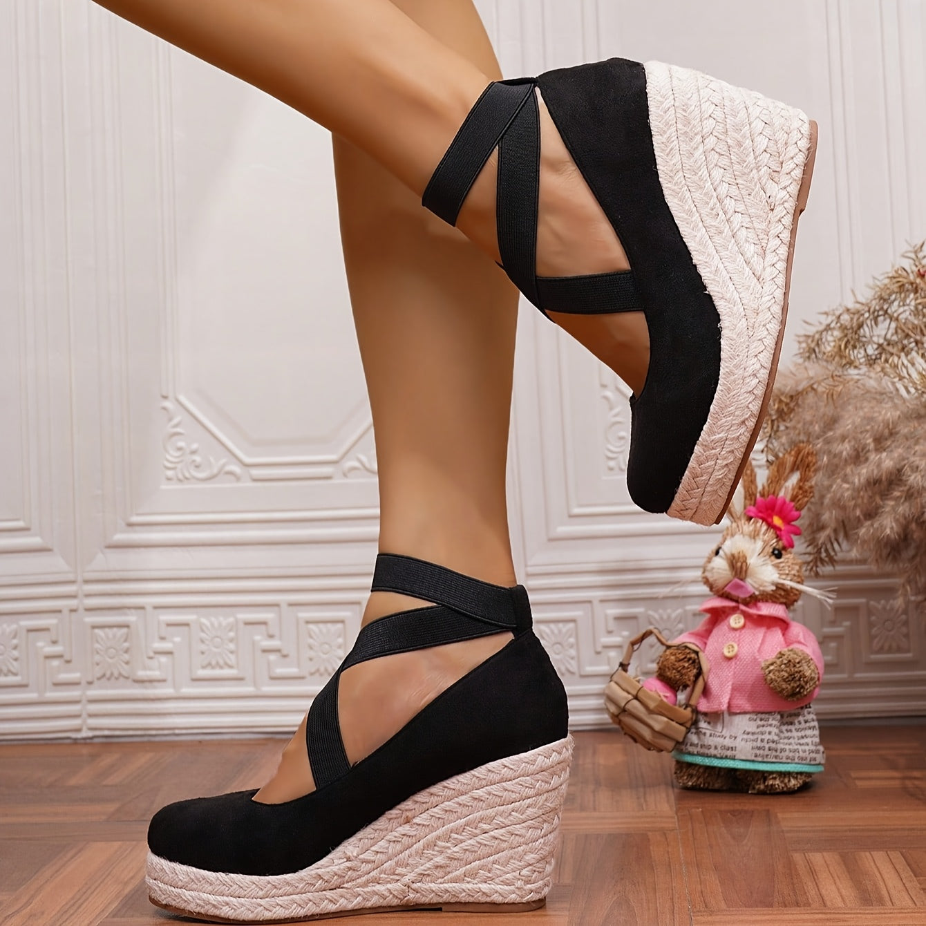 Women's Wedge Espadrilles Black Rope Sole Minimalist Ankle Strap Slip-Ons