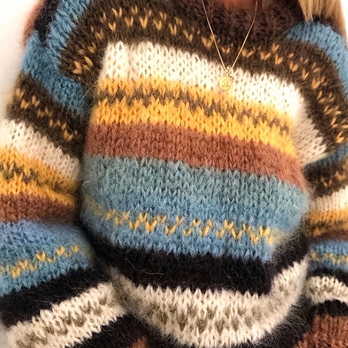 Plus Size Striped Acrylic Knit Sweater High Neck Pullover All Seasons