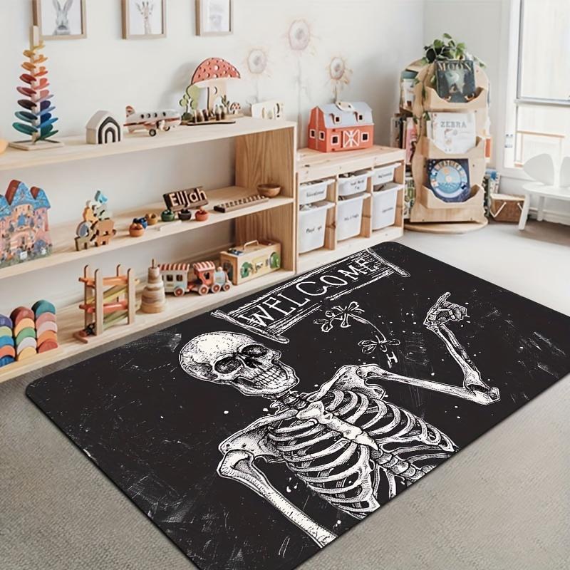 Skeleton Welcome Doormat Indoor Polyester Flannel Rectangle Entryway Mat