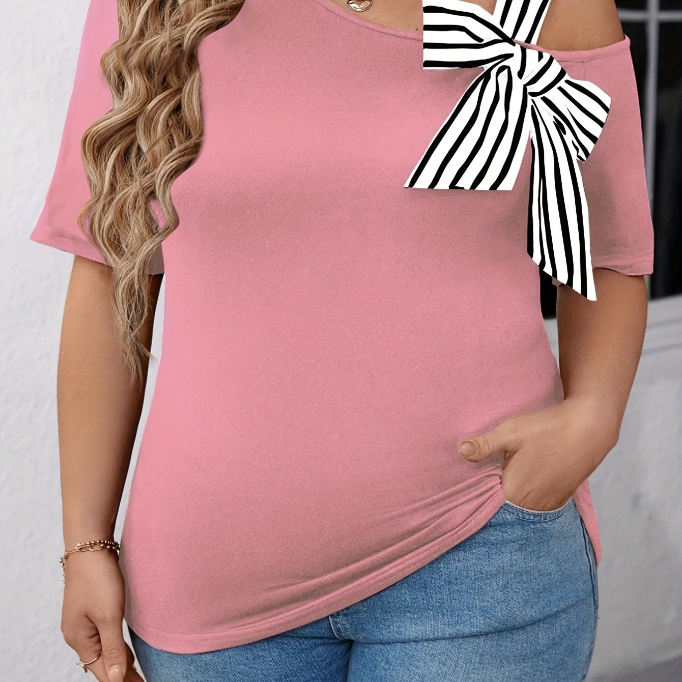 Plus Size Women's Black Asymmetrical One-Shoulder T-Shirt with Bow