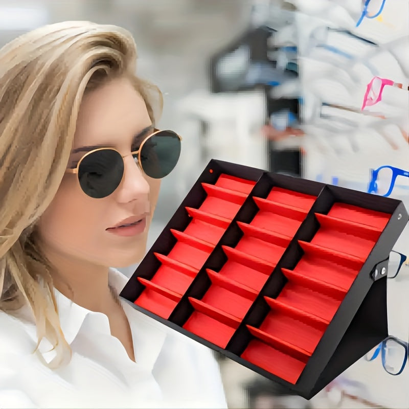 Upgraded 18-Slot Glasses Organizer with Clear Lid Fabric Lining and Snap Closure