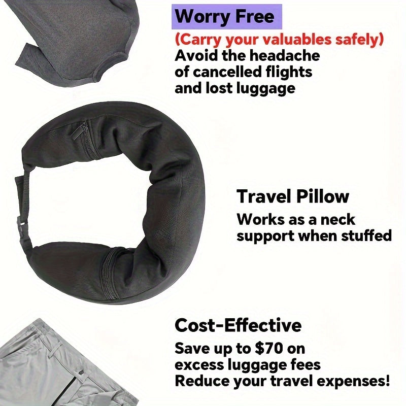 Portable 3-in-1 Neck Pillow with Clothes Storage Soft Knitted Polyester