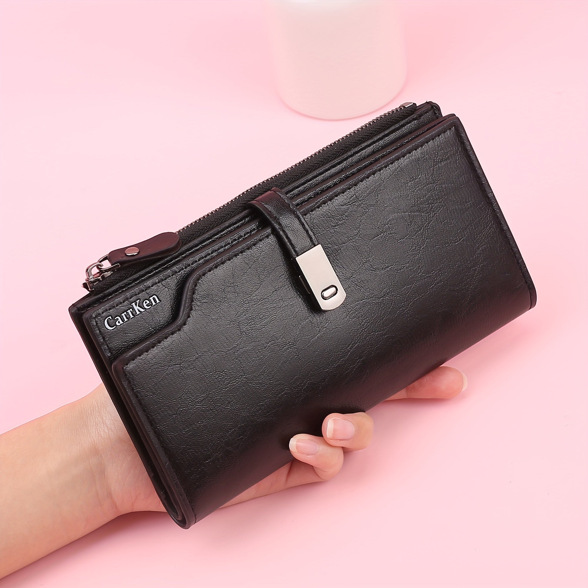 Women's Long Wallet with Buckle Closure Tri-Fold Card Slots Coin Purse Document Wallet