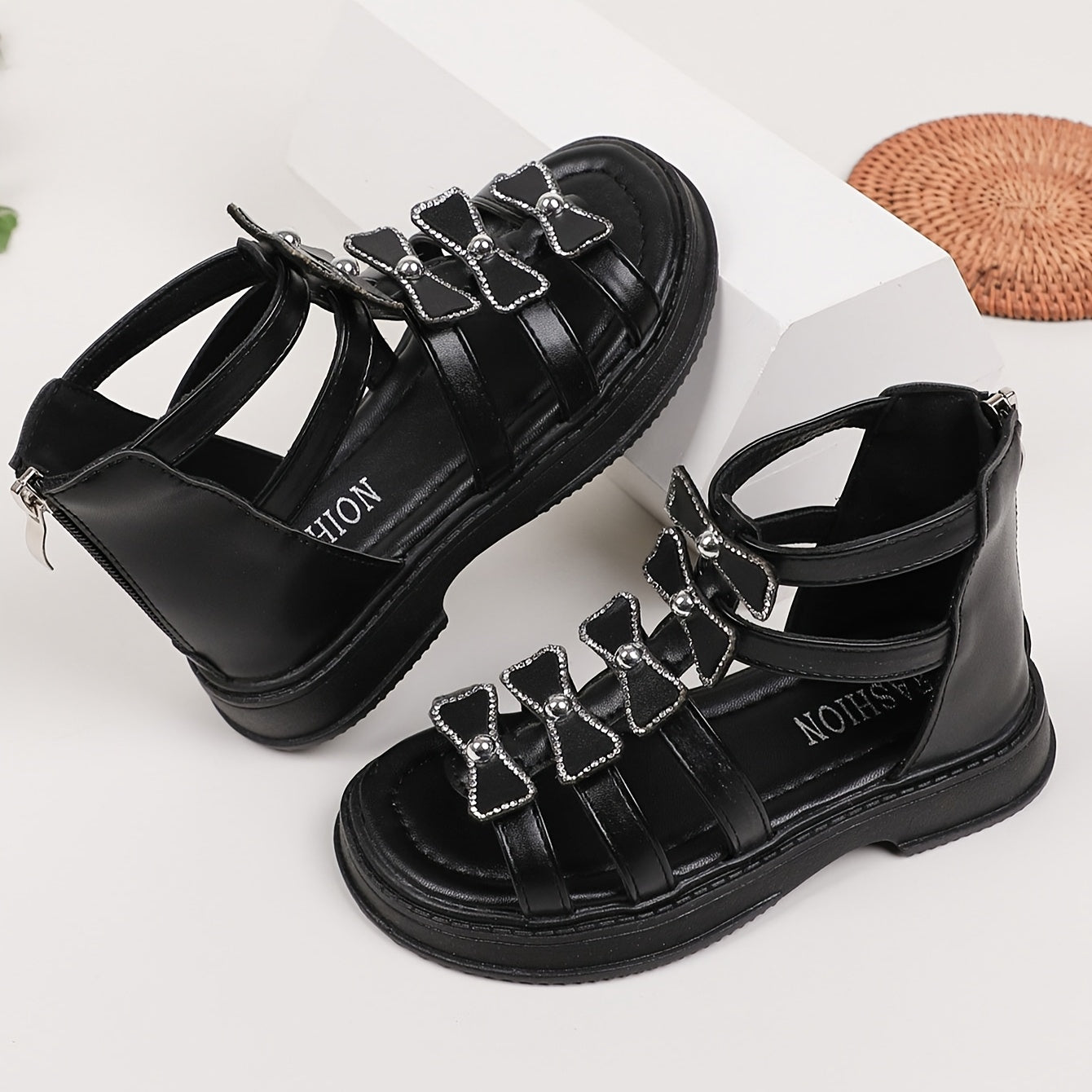 Girls Striped Mid-Top Roman Sandals with Zipper Closure PU Upper PVC Sole Summer Footwear