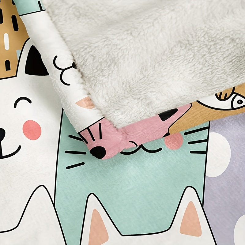 Soft Warm Cartoon Cat Animal Letter Print Flannel Blanket for All Seasons