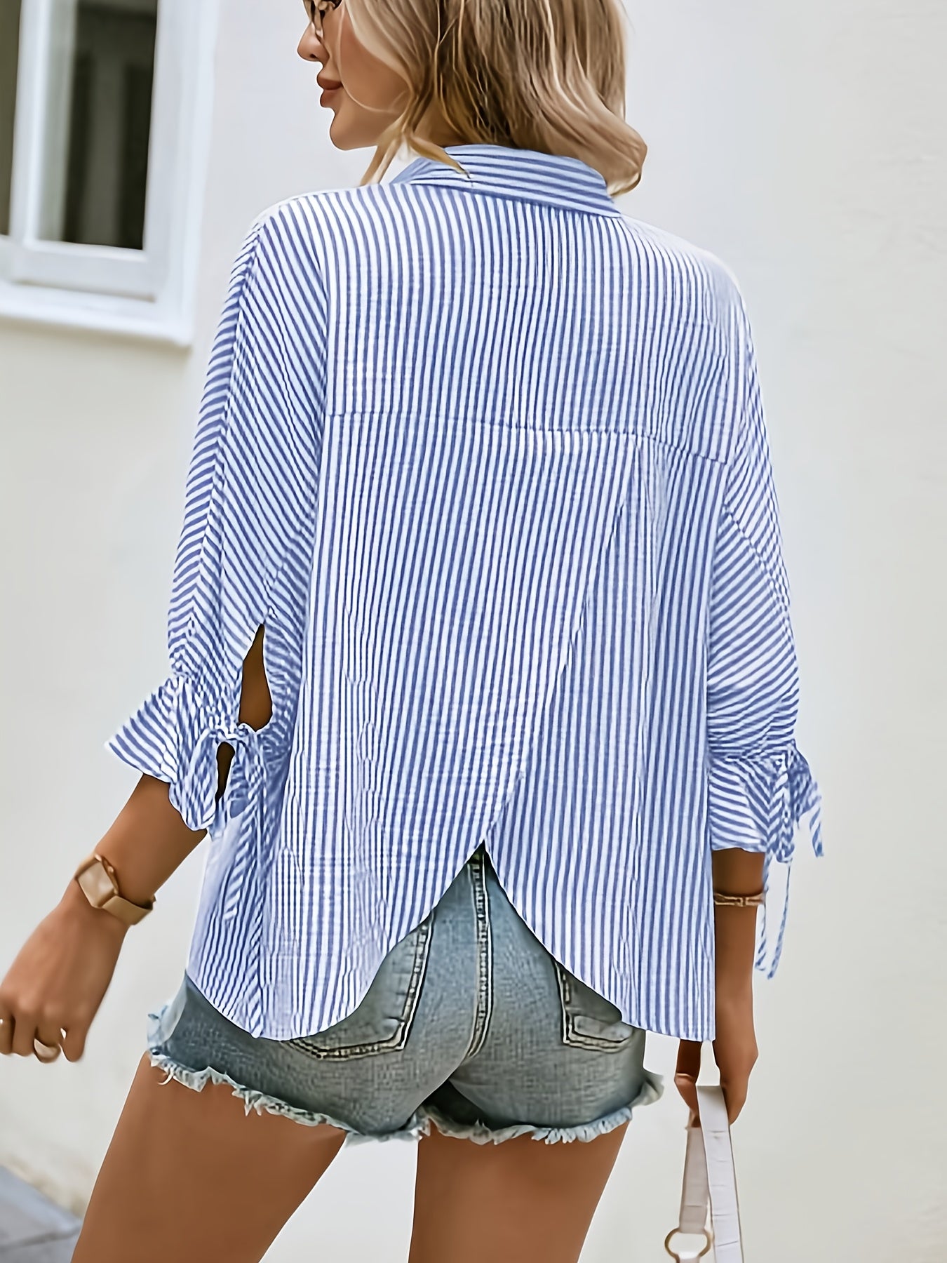 Plus Size Women's Striped Flared Sleeve Tie Back Shirt Vacation Wear