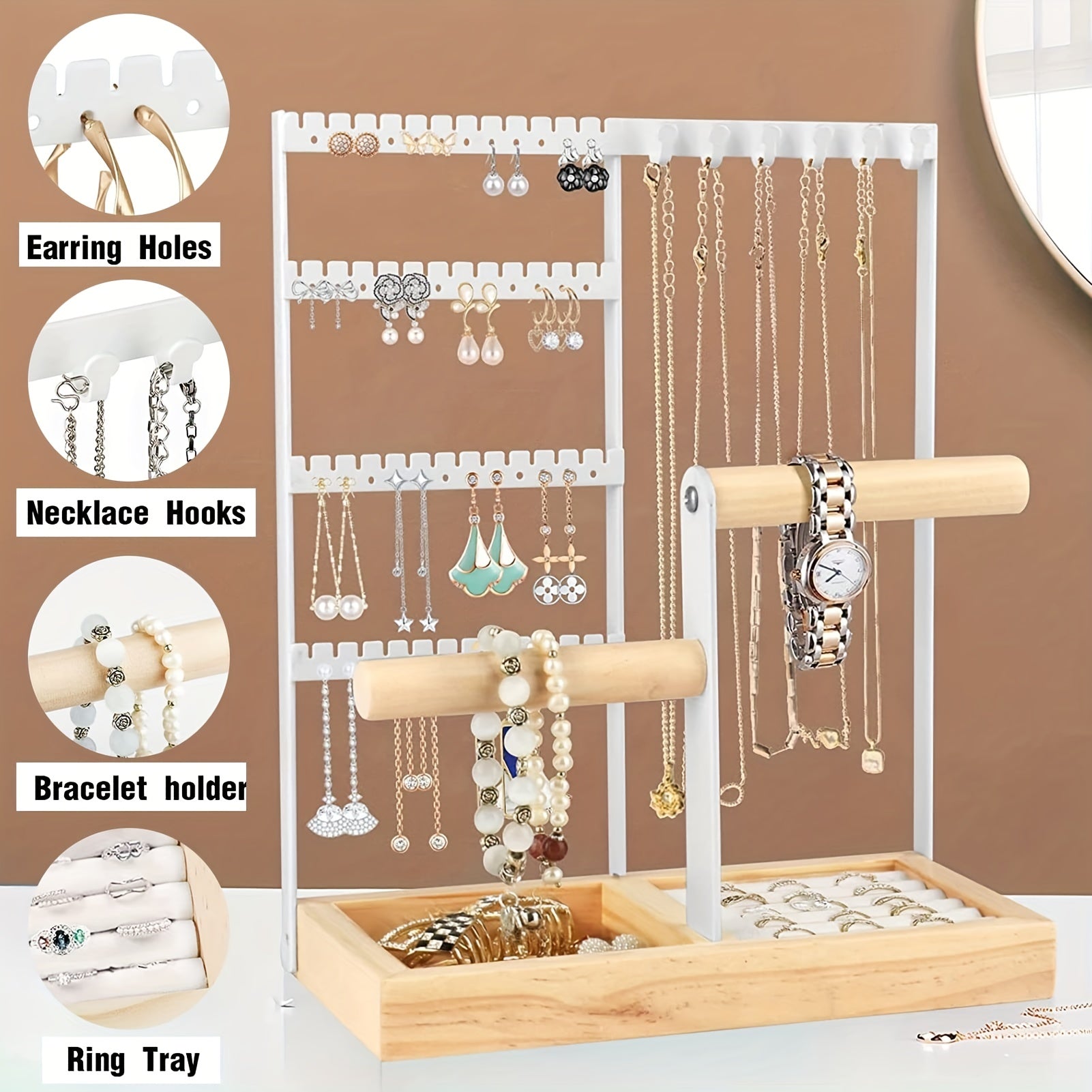 Jewelry Organizer with 4-Tier Earring Holder Necklace Ring Bracelet Storage Tower