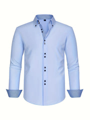 Men's Light Blue Double-Breasted Dress Shirt for Formal Occasions Spring Fall Stretchable Polyester