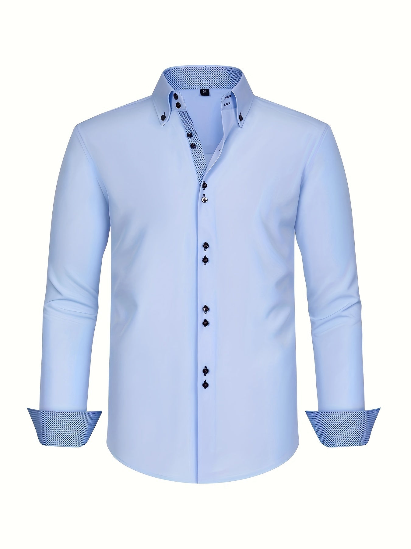 Men's Light Blue Double-Breasted Dress Shirt for Formal Occasions Spring Fall Stretchable Polyester