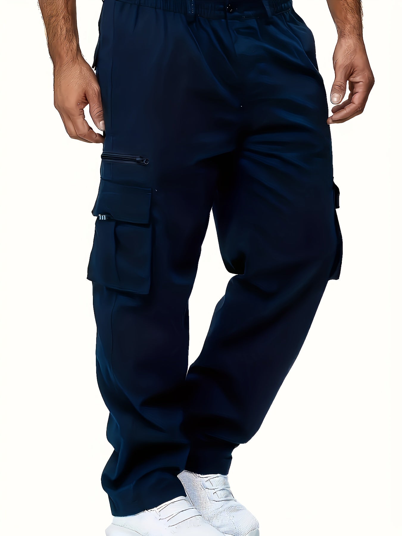 Plus Size Men Cargo Pants Loose Fit Solid Polyester Casual Spring Fall