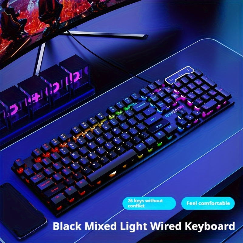 Oq EWEADN GX30Z simli o'yin klaviaturasi, LED kamalak yoritgichli, 104 tugma, mexanik his, raqamli tugmalar, o'yin va ofis uchun Windows noutbuk PC da.
