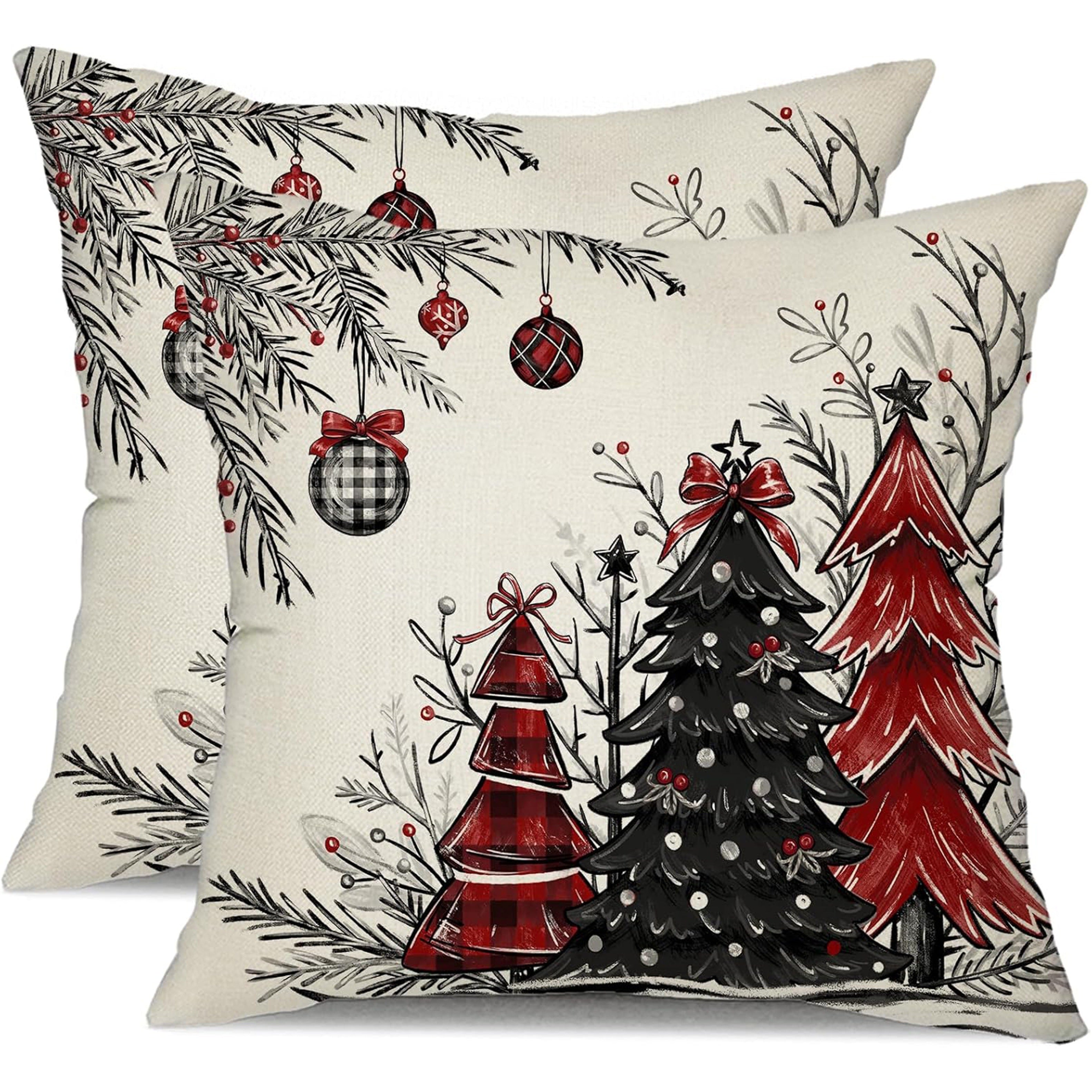 Festive Christmas Pillow Covers Set Red Black Trees Linen Blend 16x16 18x18 20x20