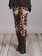 Plus Size Women's Floral Print Skinny Leggings Black Red All-Season Stretchy